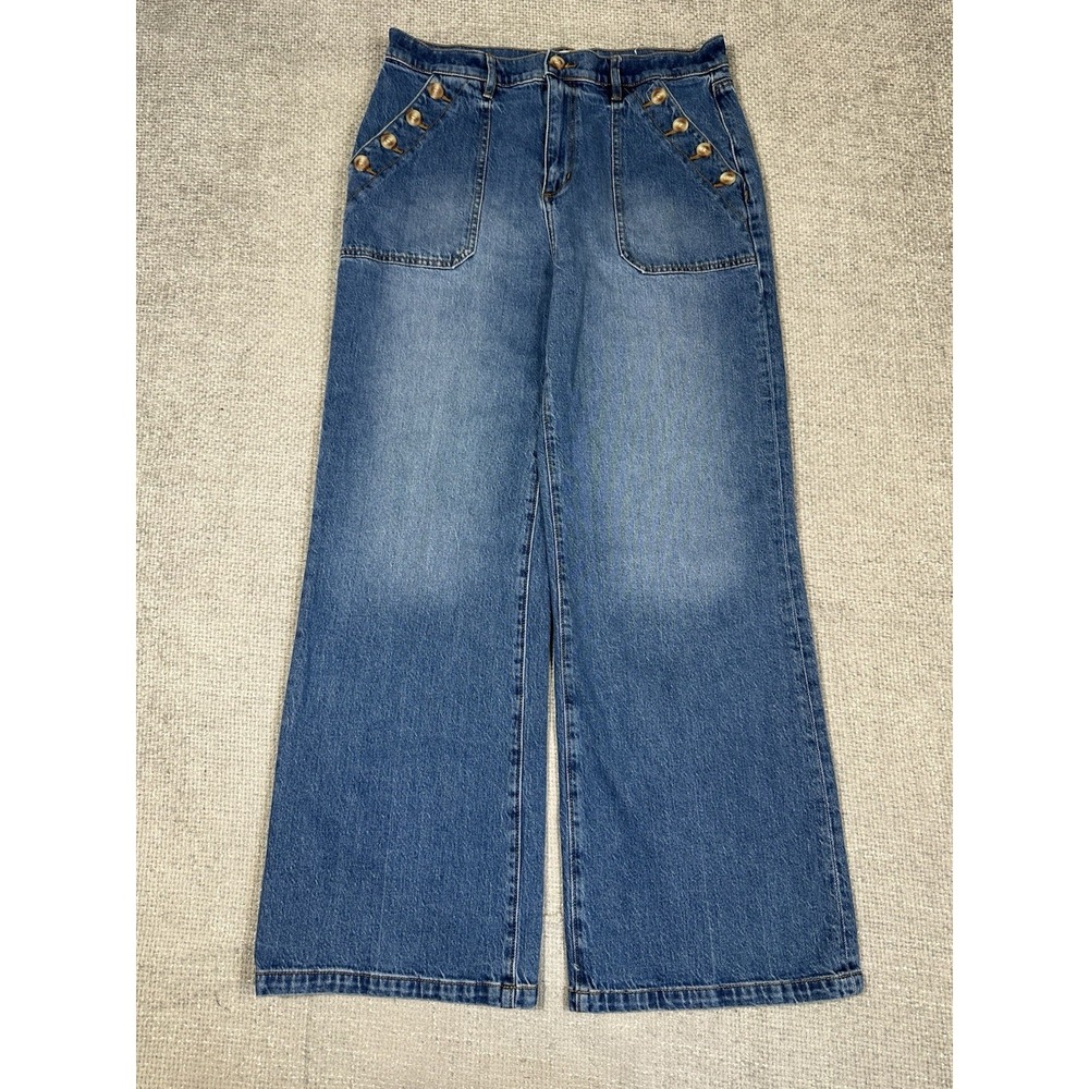 Loft‎ Jeans Womens 8/29 32x30 Blue Wide Leg Sailor Buttons Stretch